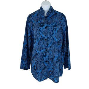 Iridium Women's Size S Floral Oversize Stand Up Collar Blue Black Shirt